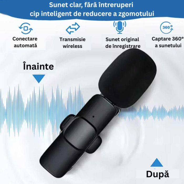 Microfon Lavalier Nexonix® Wireless K15, reducere a zgomotului, 3 în 1