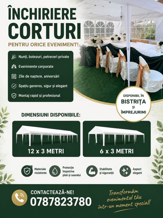 Corturi de închiriat 6x3 m și 12x3 m – ideale pentru evenimente