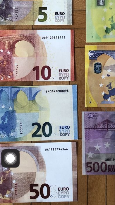 Реквизитни евро банкноти, пачки от 5, 10, 20, 50  100, 200 и €500