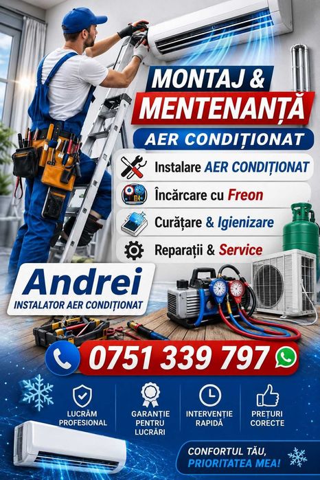 Servicii Frigotehnist Montaj Aer Condiționat | Încărcare Freon | Curățare | Service Frigidere