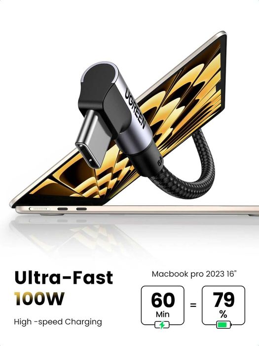 UGREEN Кабел Type-C - Type-C,1м,100W,PD Fast Charging 90 Degree,US334