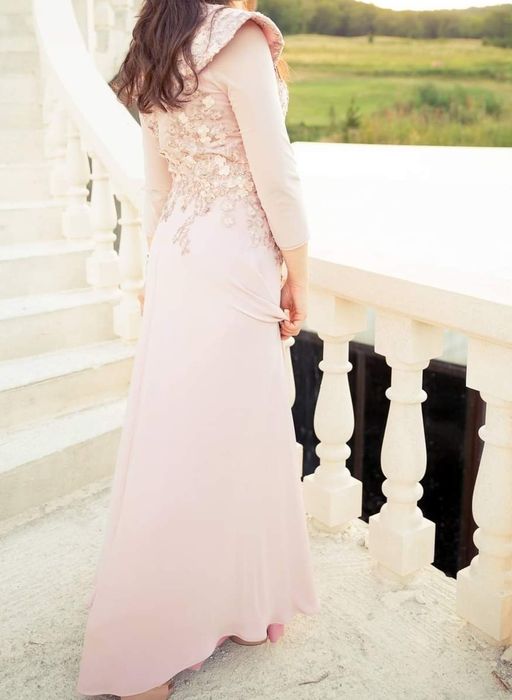 Rochie lungă de seara, culoare roz pudrat, mătase naturală