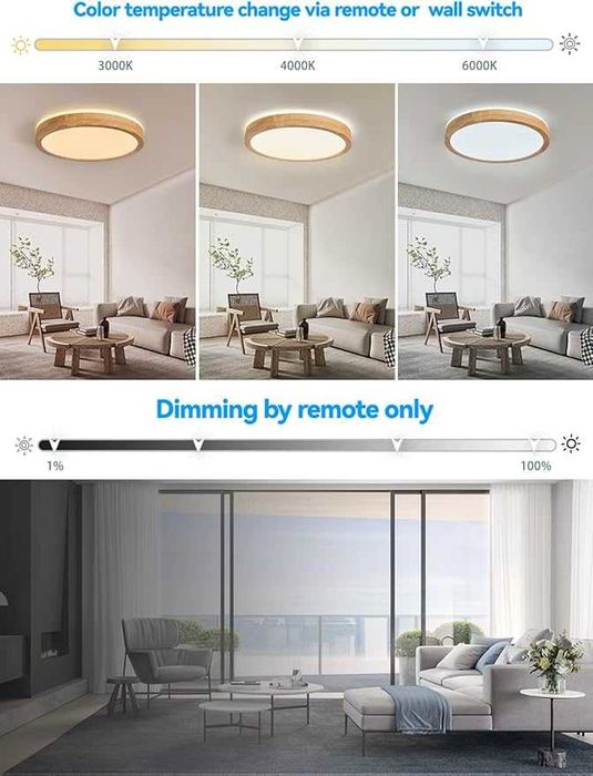 Plafoniera LED lemn stejar, dimabila, telecomanda, 32W, reglabila -NOU