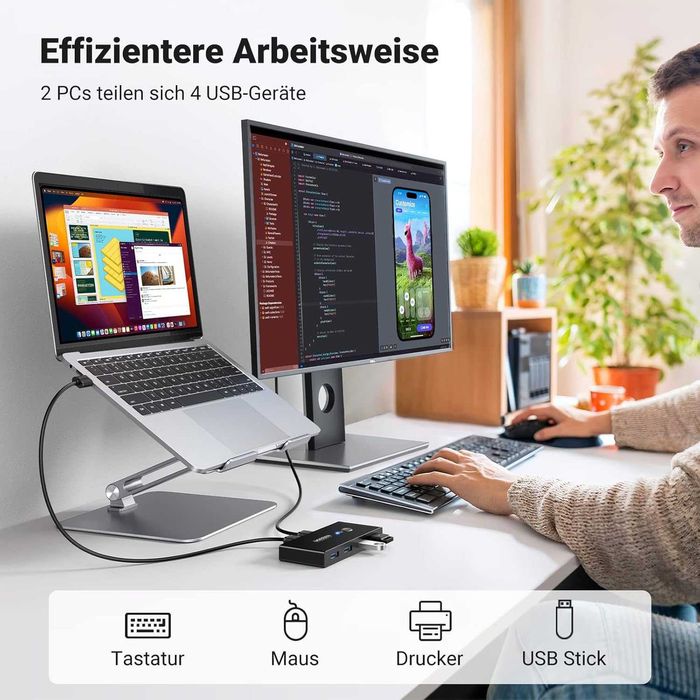 ПРОМО Нов UGREEN KVM Switch Суич 2 x USB 3.0 към 4 x USB 3.0 5Gbps