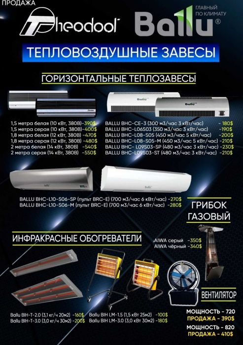 тепловые пушки/тепловые завесы BALLU/обогревателей типа «грибок»