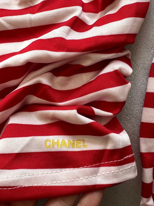 блуза с дълъг ръкав на шанел червено бяла с райе и двойно лого chanel