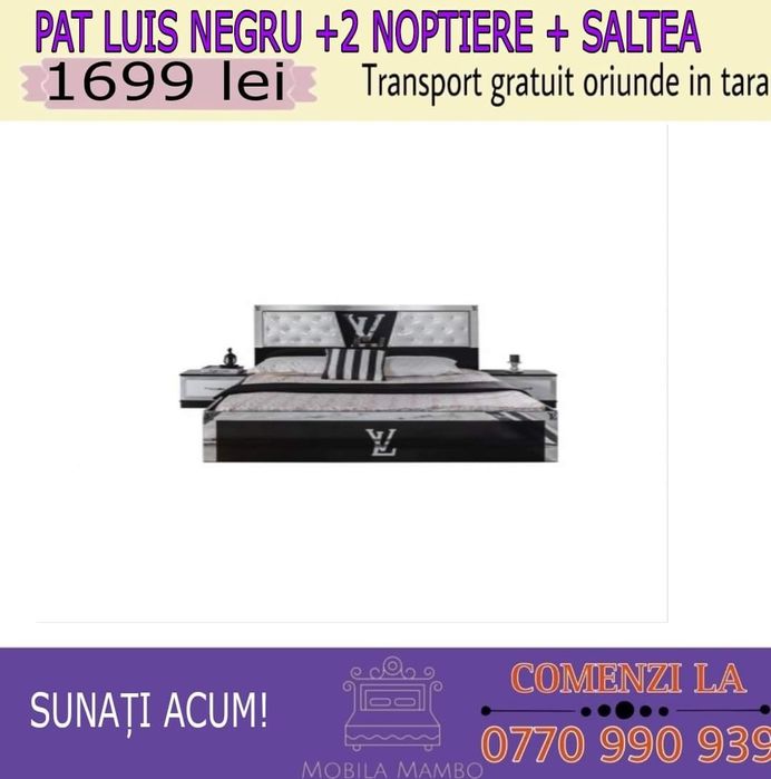Pat Luis Alb/ Negru + 2 noptiere + saltea