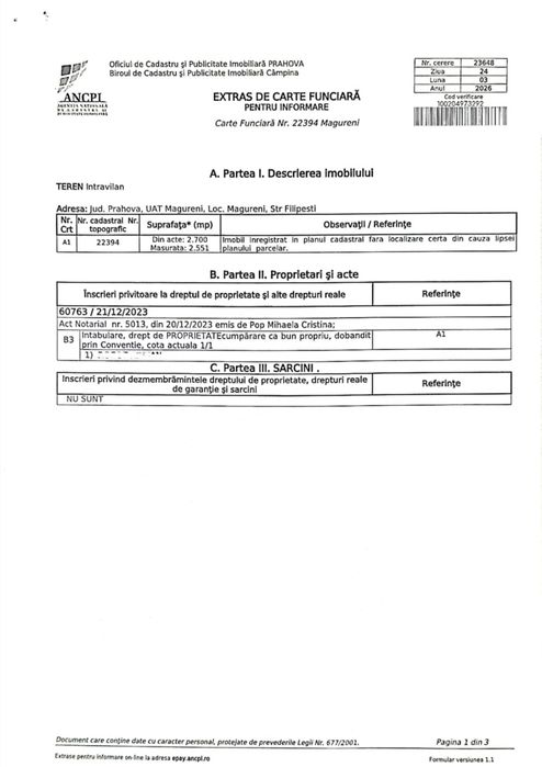 Teren intravilan 2.551 mp Măgureni - Toate utilităţile la poartă