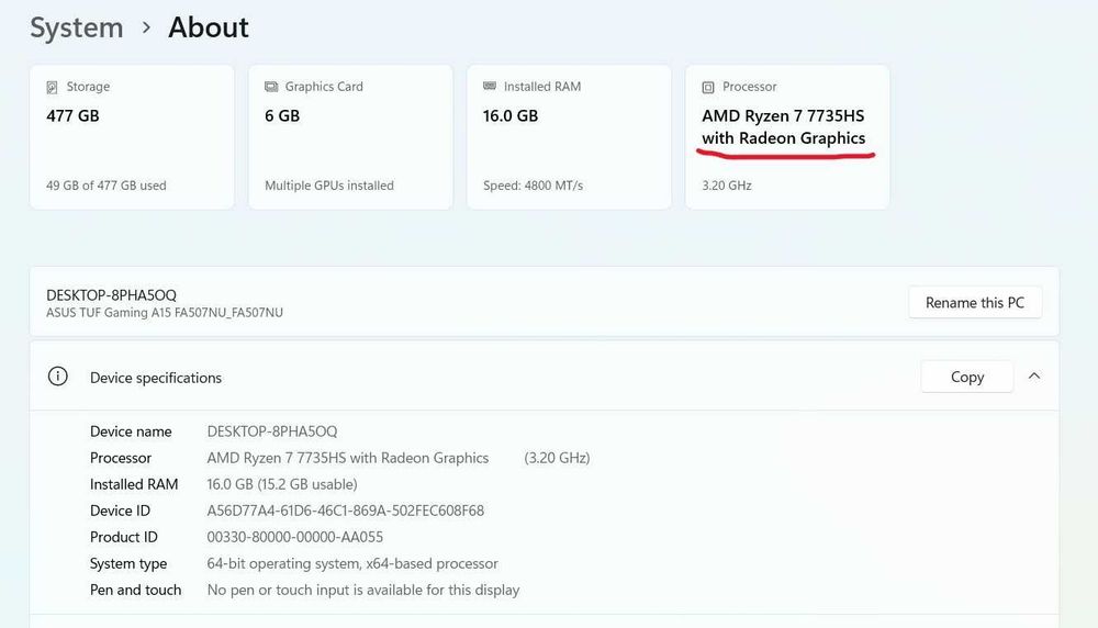 Laptop gaming ASUS TUF  FA507NU,Ryzen7 7735HS,8 nuclee,Game Ready