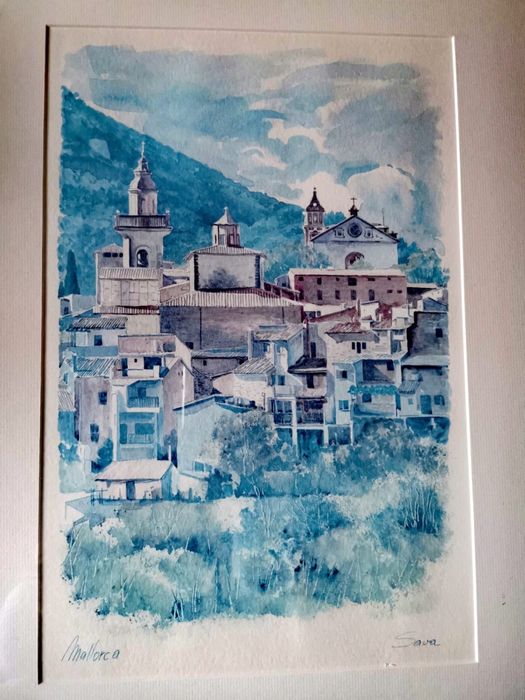 Картина в синьо Маьорка  рамка паспарту стъкло авторска подписана