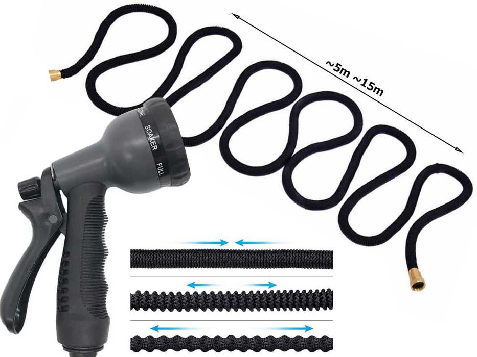 Градински маркуч с воден пистолет, 8 функции и дължина от 15 метра