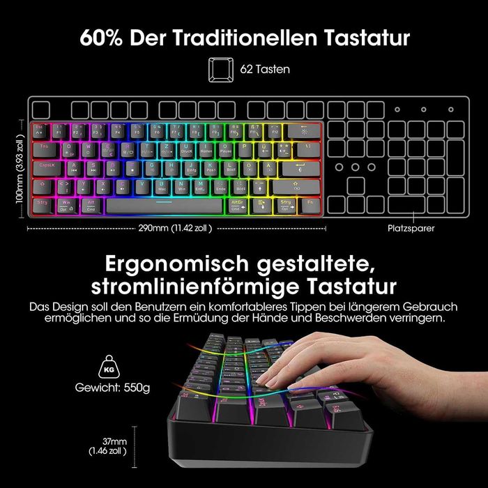 Tastatura mecanica Koorui 60%, QWERTZ, Red Switch, RGB