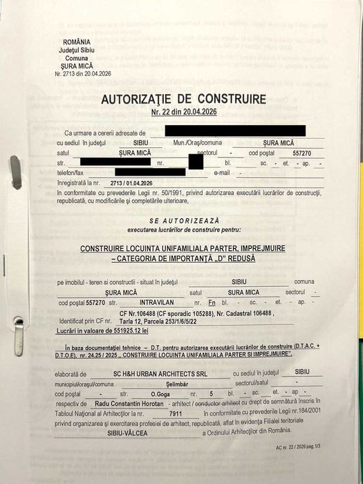 Direct de la proprietar | Teren 600 mp Șura Mică | inclus Autorizație + Proiect