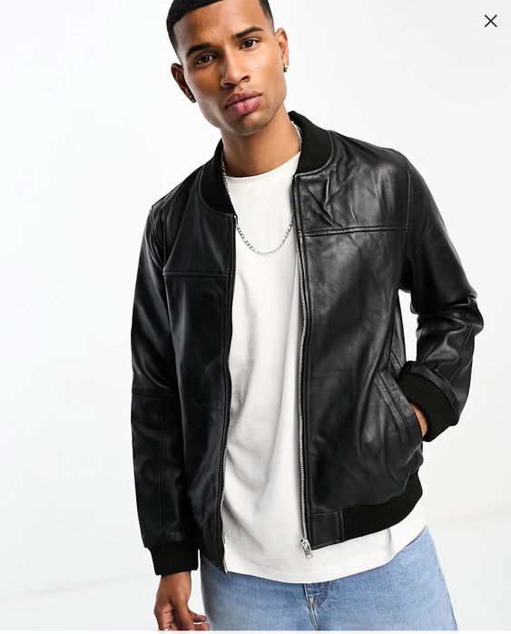 Мъжко кожено яке XL черно бомбър спортно елегантно късо цип джобове естествена кожа на  Bolongaro Trevor.