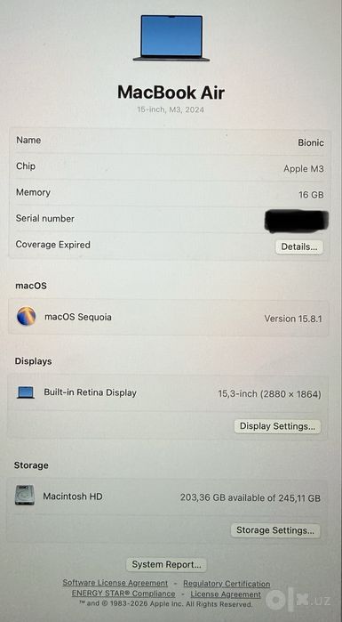MacBook Air M3 99% 15 inch 16/256