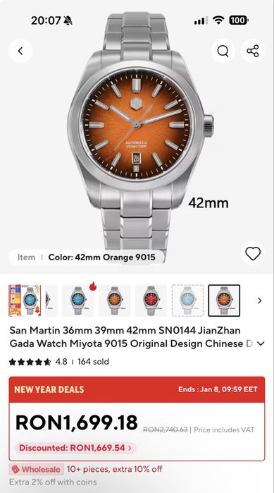 Ceas San Martin SN0144, 42mm, Automatic (Miyota 9015), oțel inoxidabil