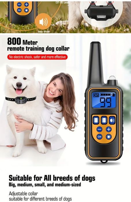 Zgarda Dresaj Câini cu telecomanda semnal 800m- Sunet Vibrații Șoc LED