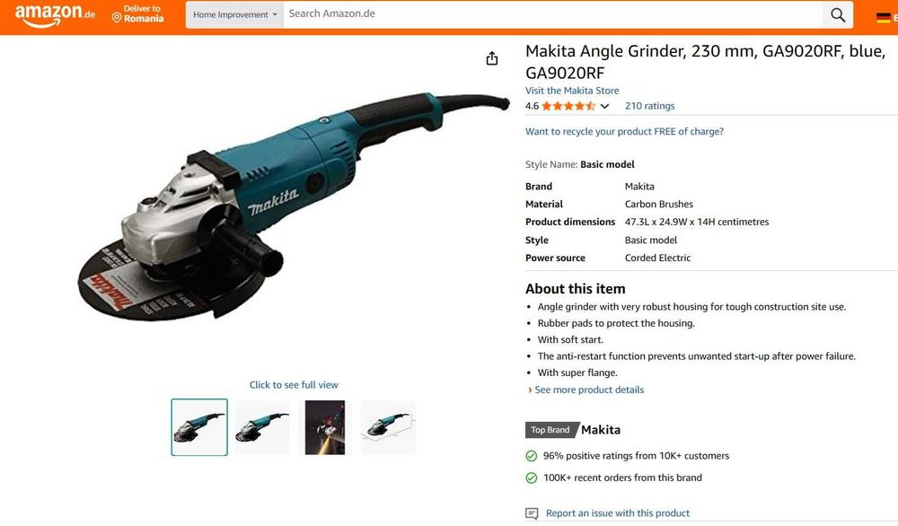 Polizor unghiular Makita, 230 mm, GA9020RF, albastru - pentru piese