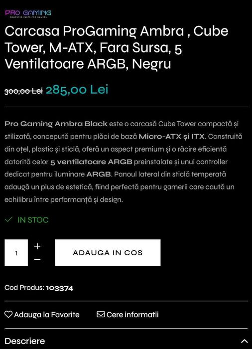 Carcasa ProGaming Ambra , cube tower, m-atx, fara sursa, 5 Ventilatoare ARGB, negru sau alb. NOUA