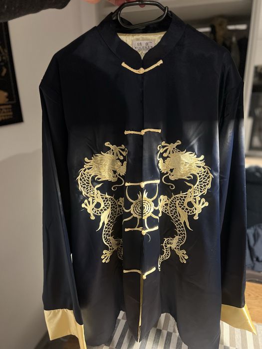 Jachetă stil chinezesc cu dragoni aurii–piesă statement/scenică/kimono