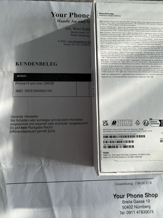 Apple Iphone 15 pro max  256Gb Blue Titanium 86% baterie
