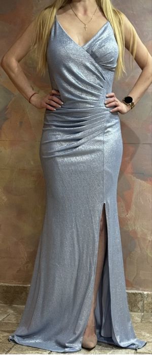Дълга сребърно синя рокля