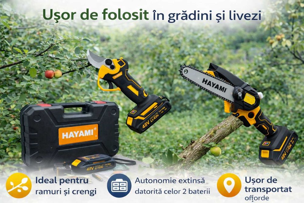 Set mini fierastrau lant + foarfeca electrica 48V Hayami