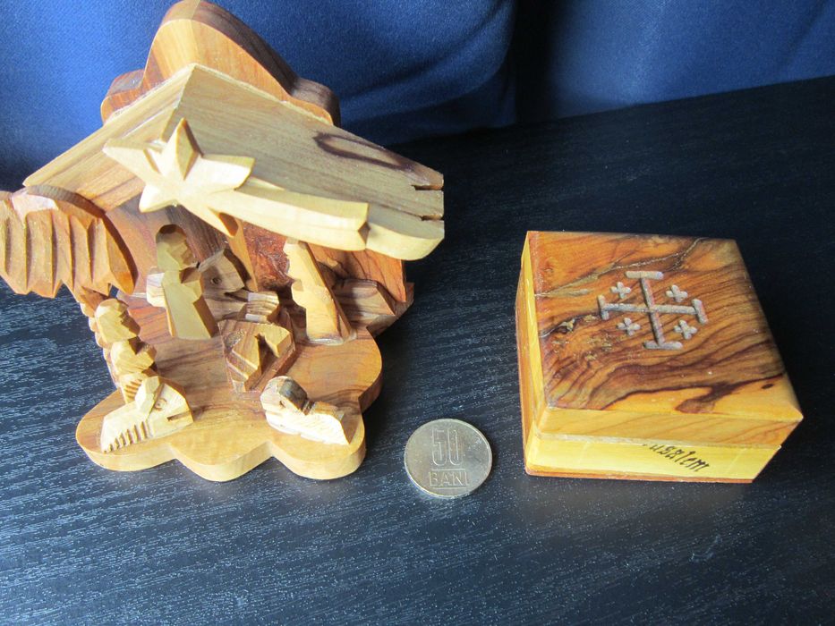 Craciun cadou rar Ierusalim 1980 Scena Nasterii + cutie lemn maslin