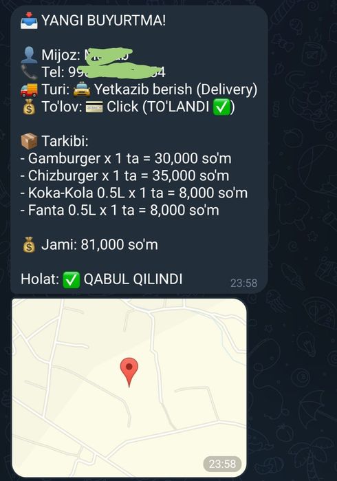 Tayyor Fast Food va Restoran Telegram Boti