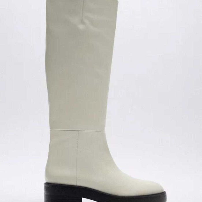 ZARA NEW Cizme înalte flats albă 100% piele pull on ridding