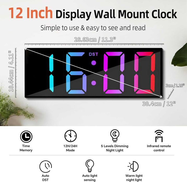 Дигитален Стенен Часовник 12" RGB LED с Дистанционно, Дата и Будилник