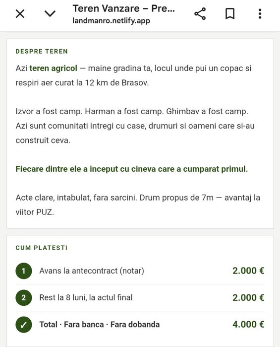 Teren extravilan 395 mp, Prejmer, Brasov - 3 600 euro
