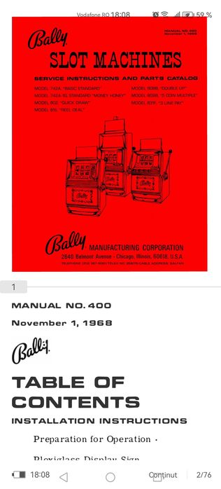 Manual Complect Service BALLY SLOT MACHINE serie E 1980-1986