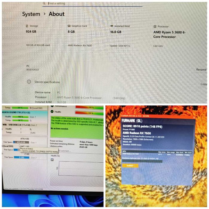 Calculator / PC Gaming NOU / Setup complet–Ryzen 5 3600 + RX 7600 8 GB