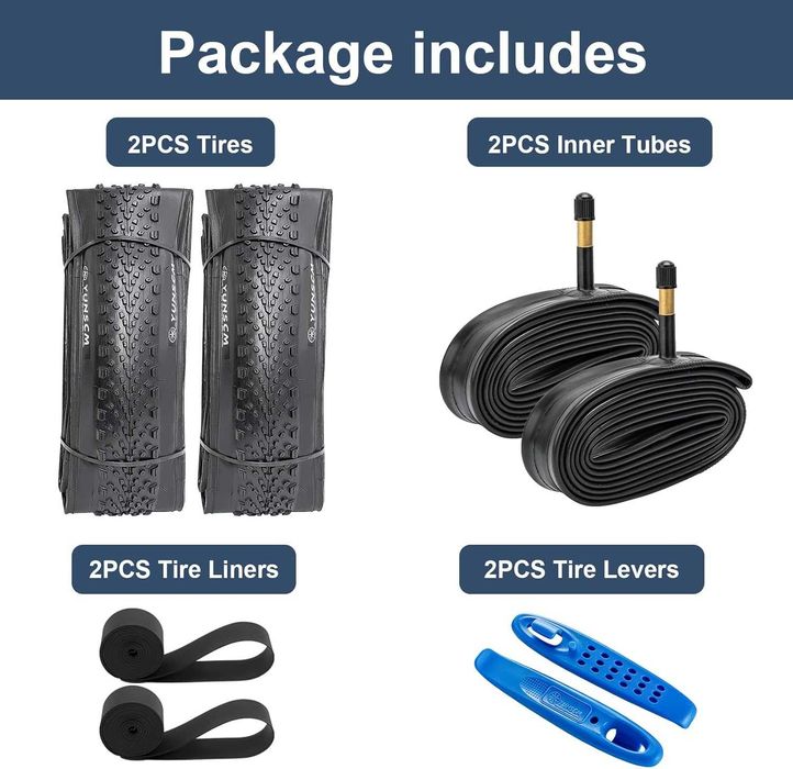 Set 2 Anvelope Bicicleta 700x38C YunSCM Gravel 60TPI Pliabile Aramid + 2 Camere Auto Schrader AV48mm + 2 Benzi Janta Kit Complet Cauciucuri Noi