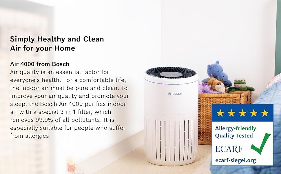 Пречиствател за въздух Bosch Air 4000, 3-в-1 HEPA филтър, CADR 300m³/h