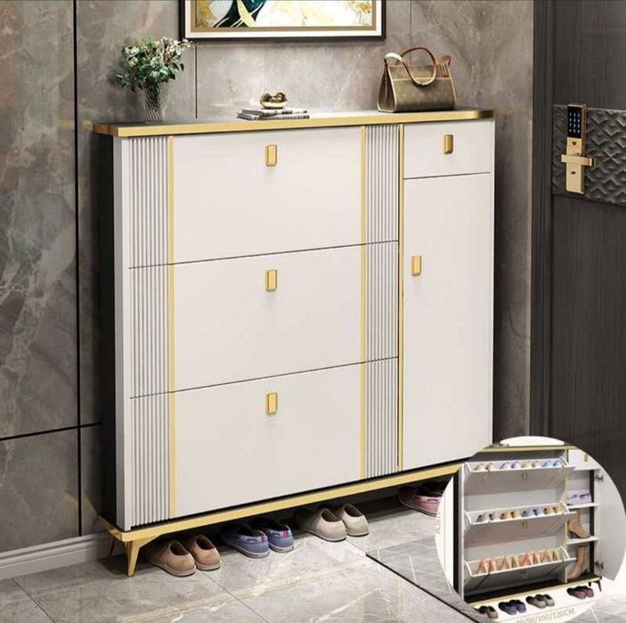 Тумба для обуви современная бело-золотая с откидными секциями