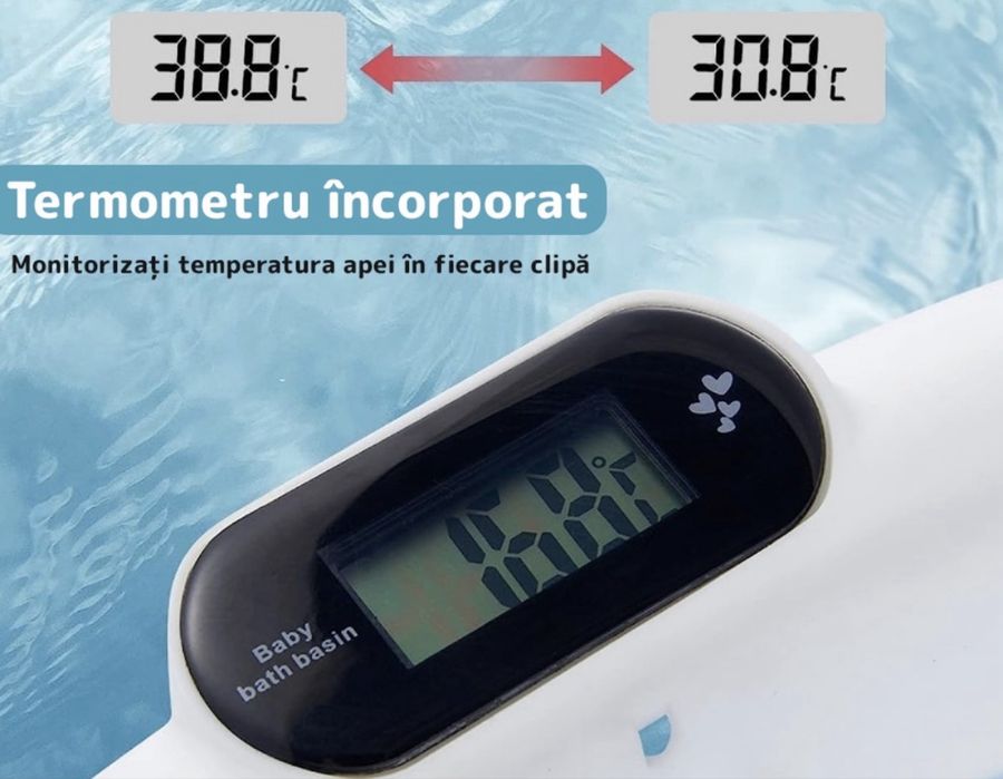 Cădiță cu pernuță pentru bebeluși, termometru digital incorporat, bleu