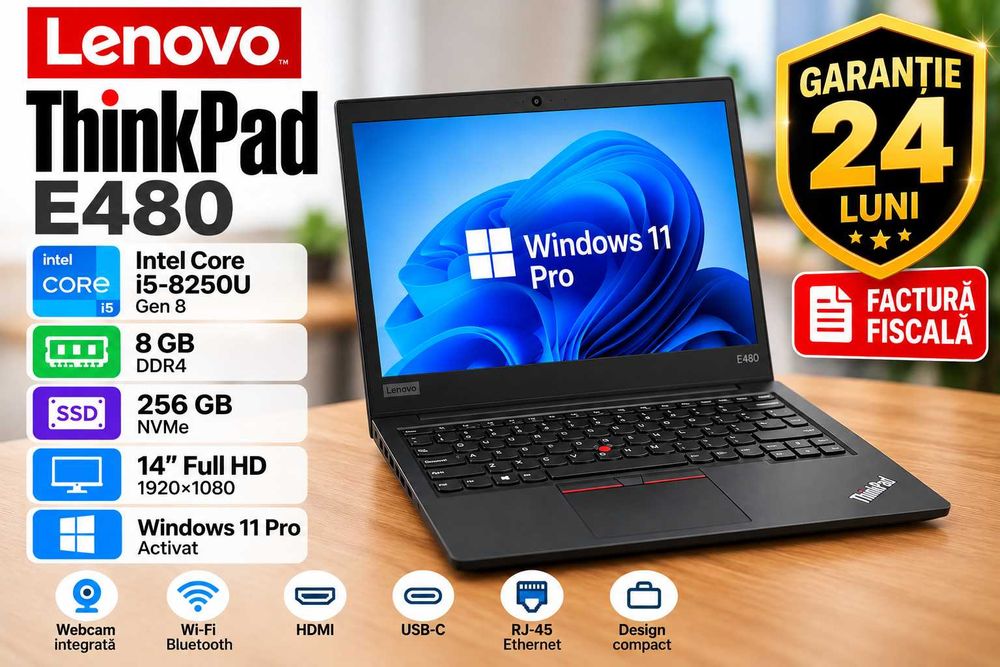 Laptop Lenovo ThinkPad E480 i5-8250U 8GB RAM SSD 256GB Win 11 Pro Garantie 24 Luni