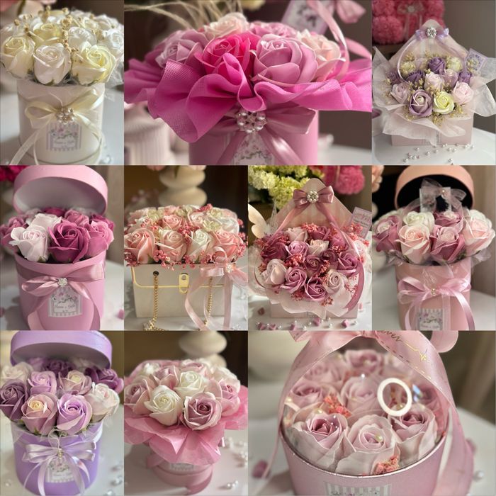 Луксозни букети от вечни сапунени рози/кутии/пликове/мече/картина