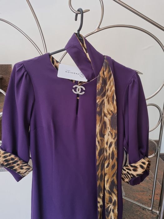 Rochie Dyfashion noua office mov M-L, detalii animal print stil POEMA