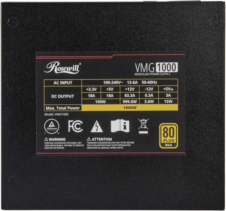 Rosewill VMG 1000W 80+ Gold, ATX 3.0 & 3.1, PCIe 5.1 12V-2x6