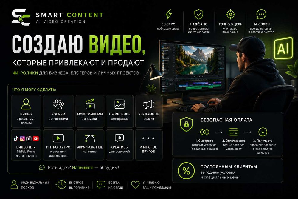 Создание ИИ-видео под ваши задачи (+проф. озвучка / ai)