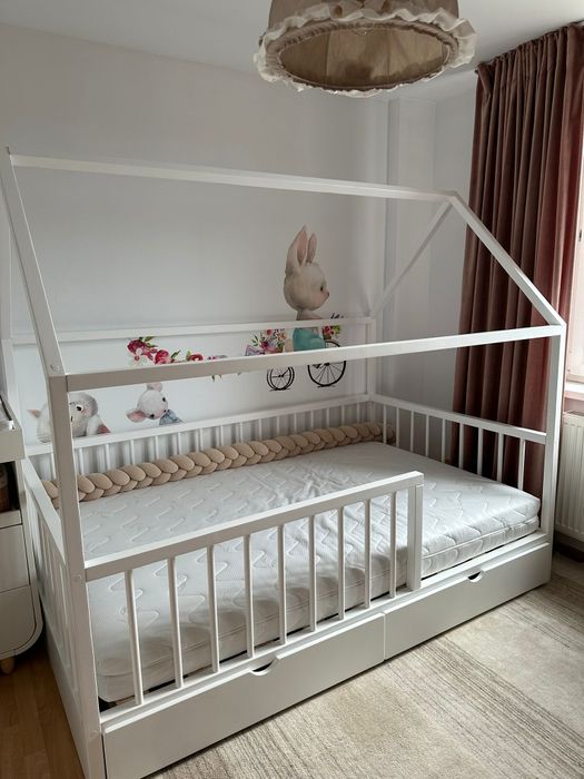 Pat casuta Montessori, pat copii, pat cu sertare, mobila camera copii