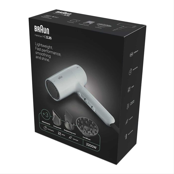 Комплект сешоар за коса Braun HD2.35 BRHD235E с дифузер, гребен и стилизираща дюза, IONTEC, 2200W