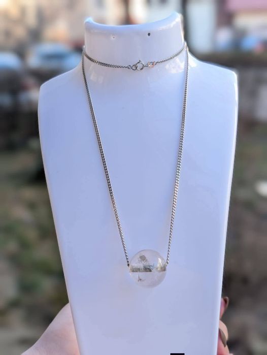 Vechi colier lant din argint 925, pandantiv piatra alba, cuart stanca
