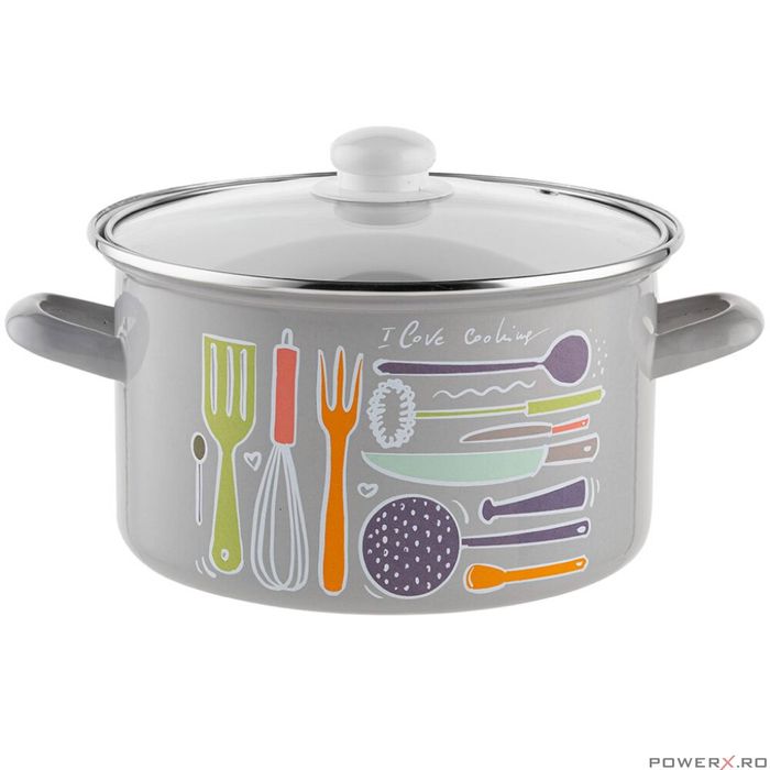 Oala cu capac din sticla, otel carbon, emailata, gri, 20cm, 3.7l,