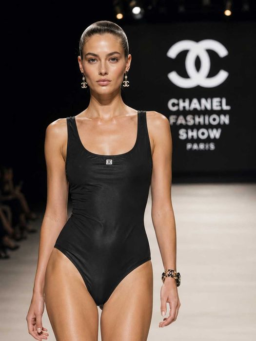 черен бански цял с гол гръб шанел нов с подплънки chanel боди с подплата не прозира