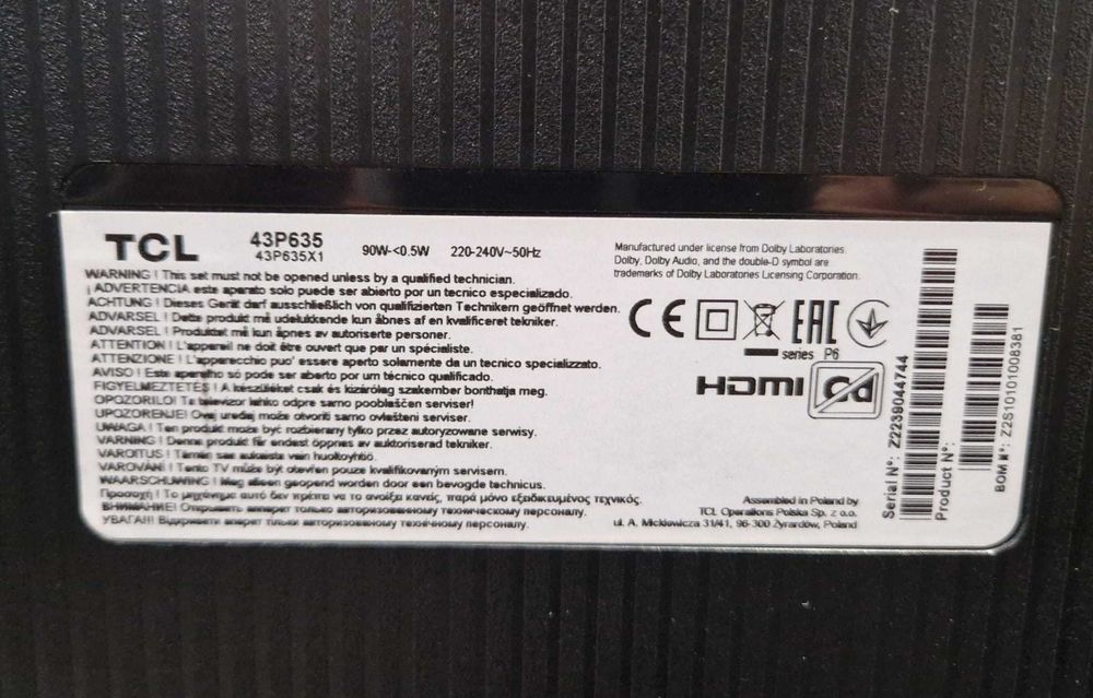 Televizor LED Smart TCL 43P635, Ultra HD (4K TV), 108cm, GoogleTV