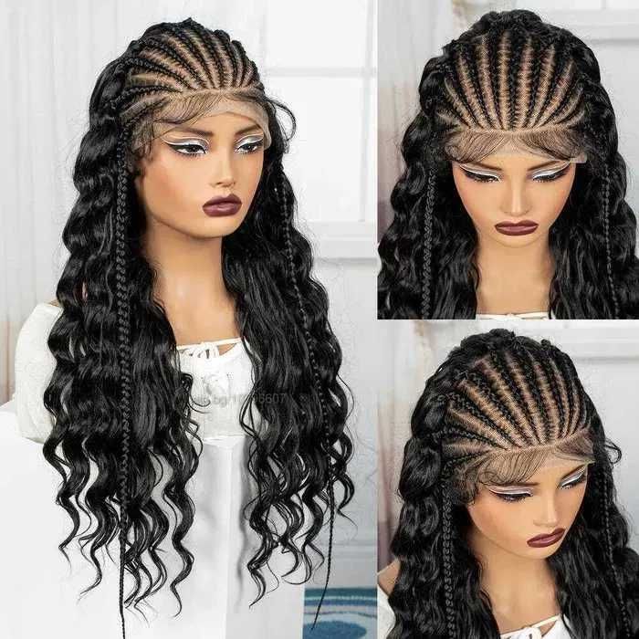 Екзотична черна синтетична перука с пълзящи плитки - Lace Front 13x6